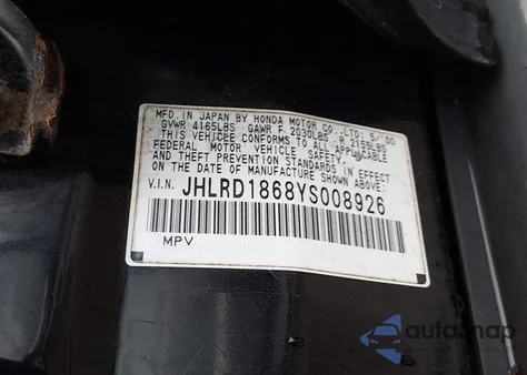 2000 Honda Cr-V Ex из США, поврежденный, VIN JHLRD1868YS008926